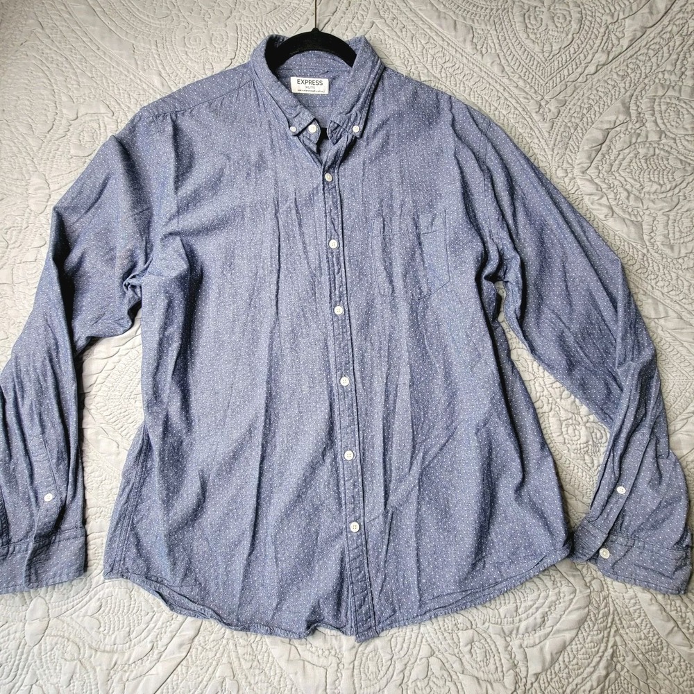 Express‎ Top XXL Blue Chambray Dot Collard Casual Button Front Fun